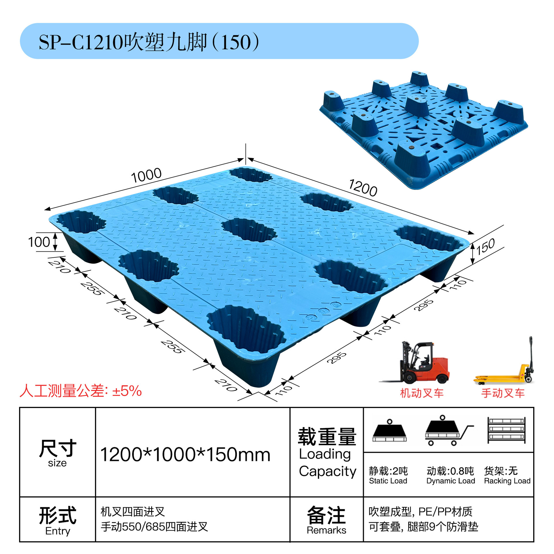 C1210 blow-molded pallet 1200*1000*150