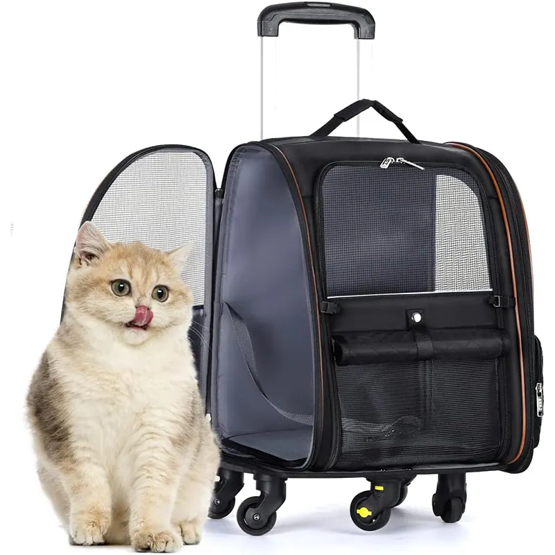 Toptan çok fonksiyonlu tekerlekli Pet kedi taşıyıcı sırt çantası nefes seyahat köpek çanta Pet arabası çantası