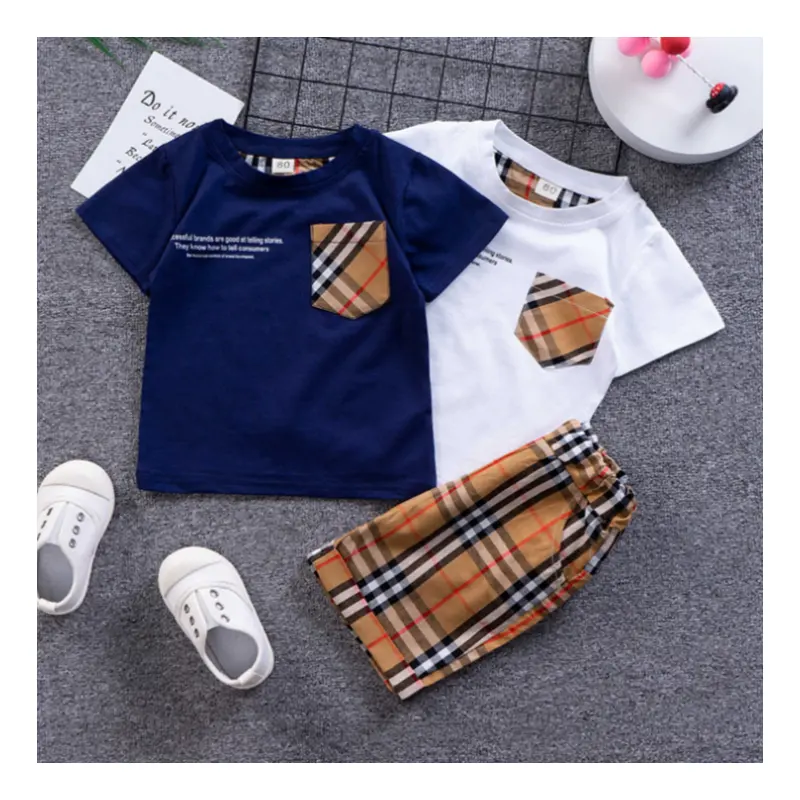 Ms-284 enfant en bas âge garçons vêtements ensembles 3-4 ans 2 photos Plaid à manches courtes t-shirt + Shorts en gros enfant enfants vêtements d'été pour garçon