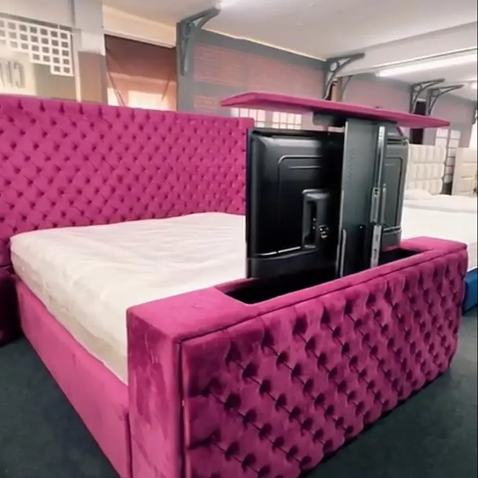 Conjuntos De Quarto De Mobiliário Moderno Cama Cama Cama Cama Cama King Size Com Tv No Estribo De Controle Remoto Sob A Cama Elevador Motorizado De Tv