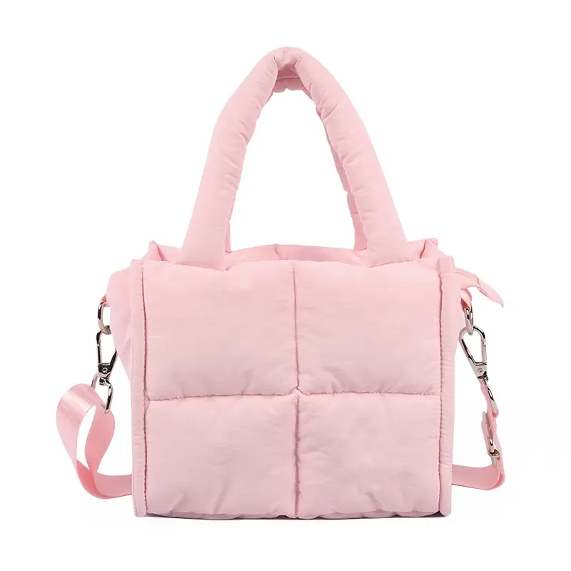 CHANGRONG Custom Pink Waterproof Nylon Puffy Handbag Puffy Quilted Poofy Shoulder Bag Women