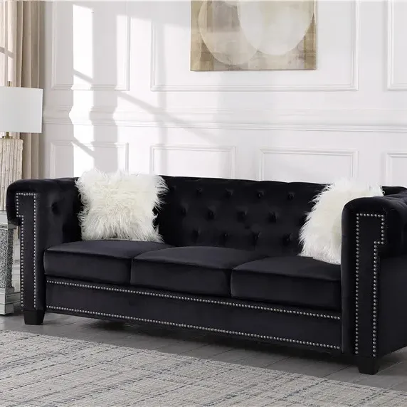 Modern oturma odası mobilya keten kumaş püsküllü chesterfield kanepeler döşemeli