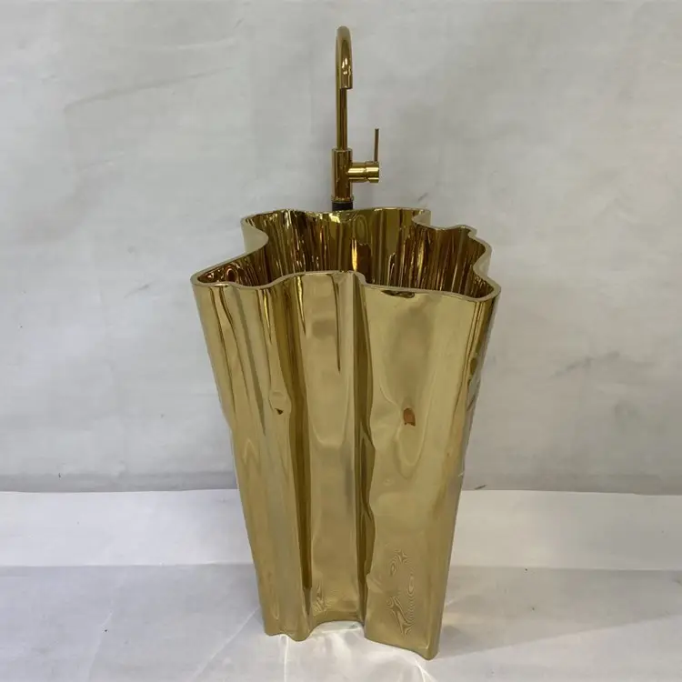 European royal decor art bathroom hand washing pedest luxury free standing gold vessel sink stainless steel