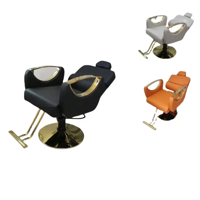 Silla reclinable ajustable para salón de belleza, sillón dorado para barbero