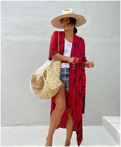Kimono plaj % 2022 Rayon kadın yaz tunik Robe de Plage kravat boya şerit açık hırka plaj Kimono Bikini Cover