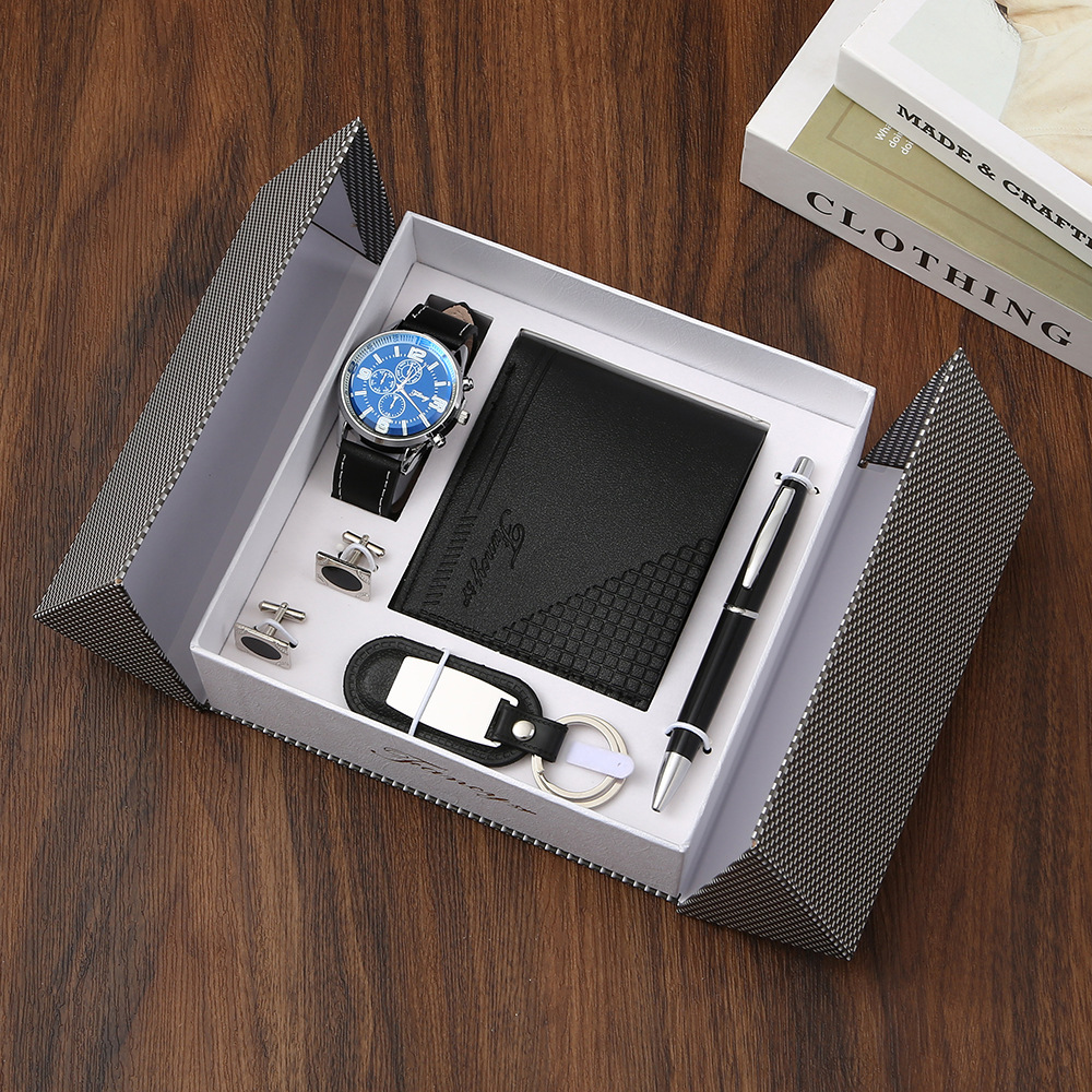 m2277black-5-piece set-watch-wallet-keychain-cufflinks-pen
