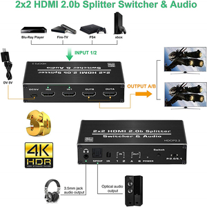 4K 60hz <span class=keywords><strong>HDMI</strong></span> 2.0开关3.5毫米音频提取器2进2出2x2 <span class=keywords><strong>HDMI</strong></span>切换器分路器光学Toslink <span class=keywords><strong>SPDIF</strong></span>定标器HDCP 2.2