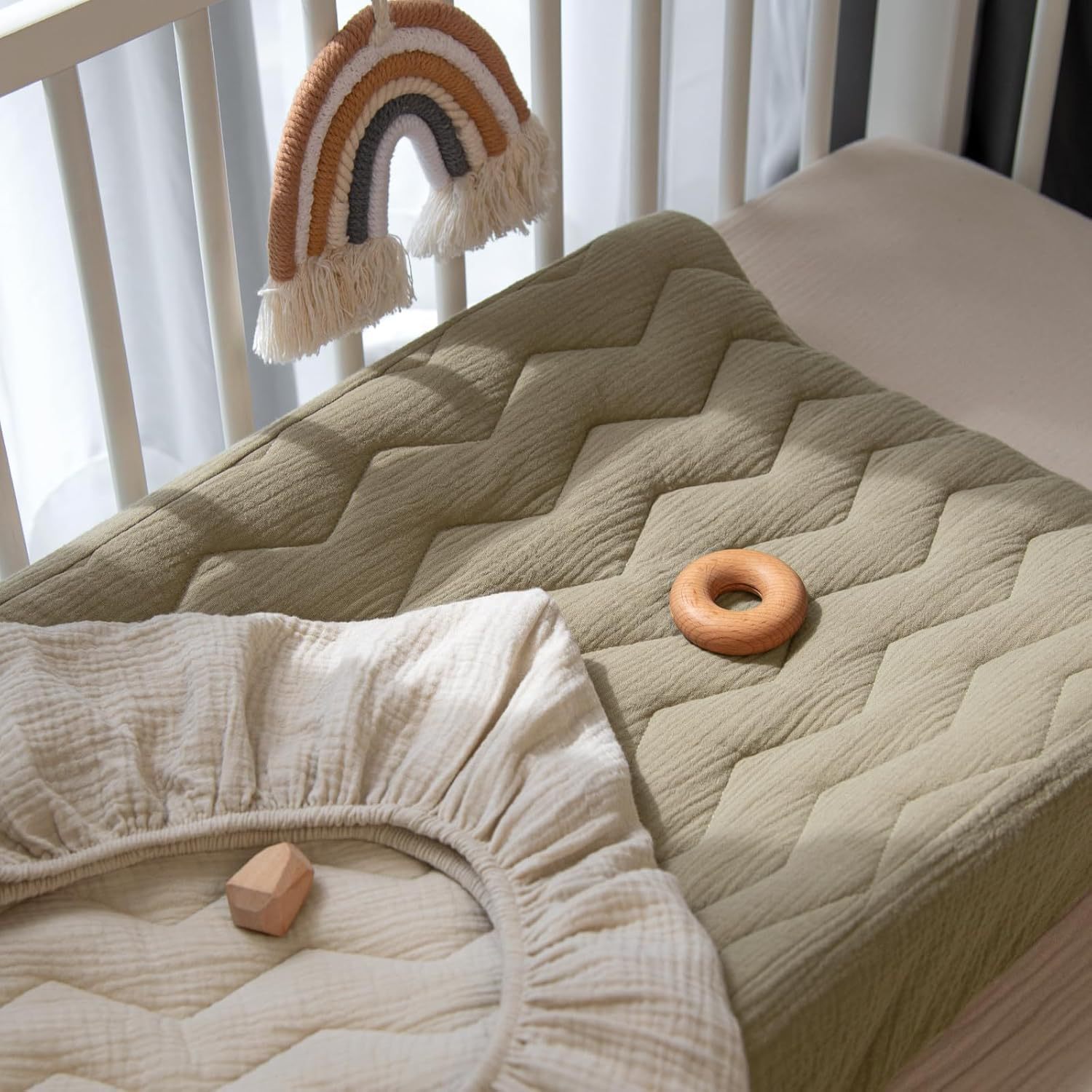 6 cream apricot dark green-quilted bedspread