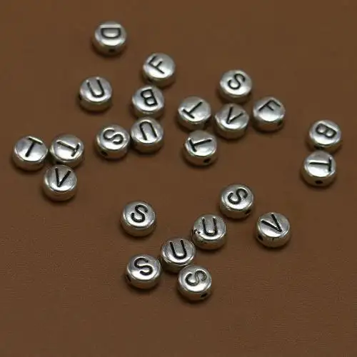 antique silver color plated DIY Flat Round vintage Zinc Alloy Alphabet jewelry Beads silver color 7x3.6mm 1580259