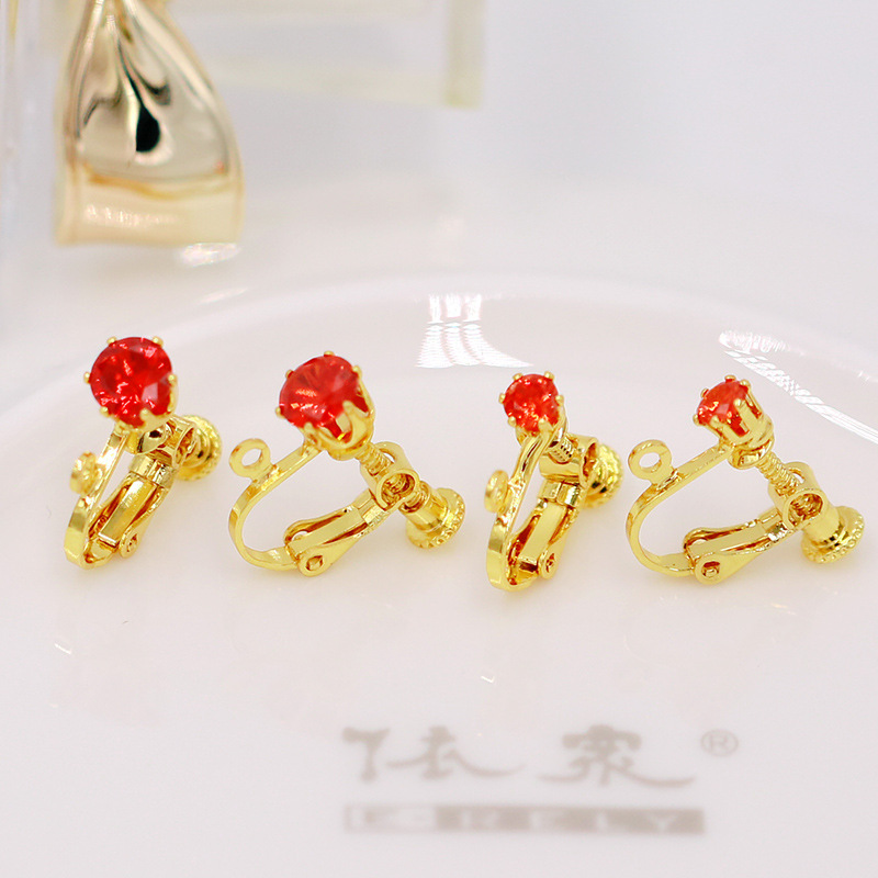 Clips d'oreilles en or véritable 18 carats, zirconium rouge orangé