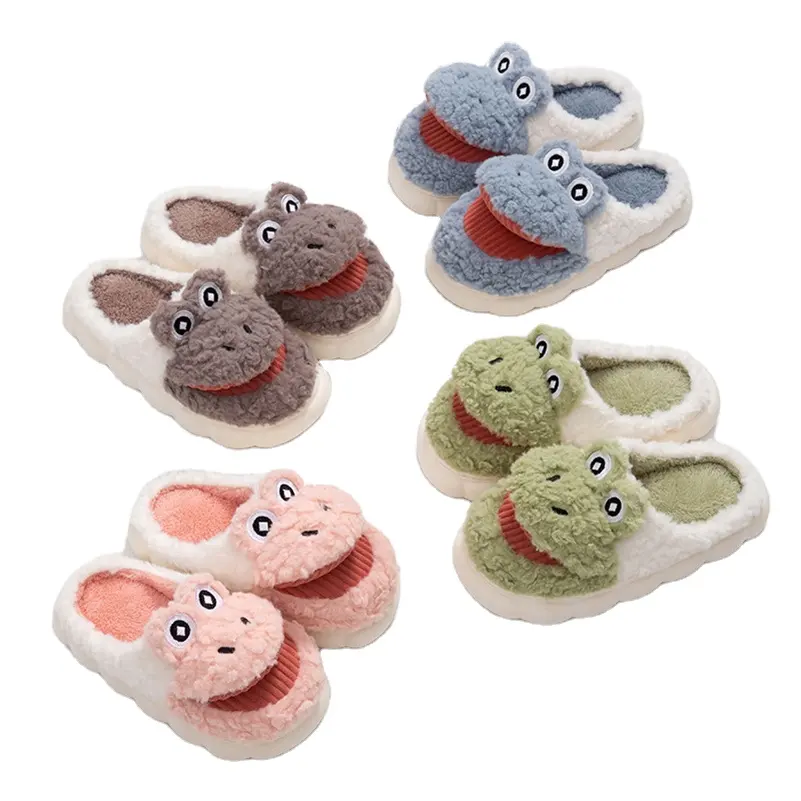 Cute cartoon sapo chinelos de algodão casa plush slides para homens mulheres outono inverno grossa sola quente chinelo sandálias ao ar livre