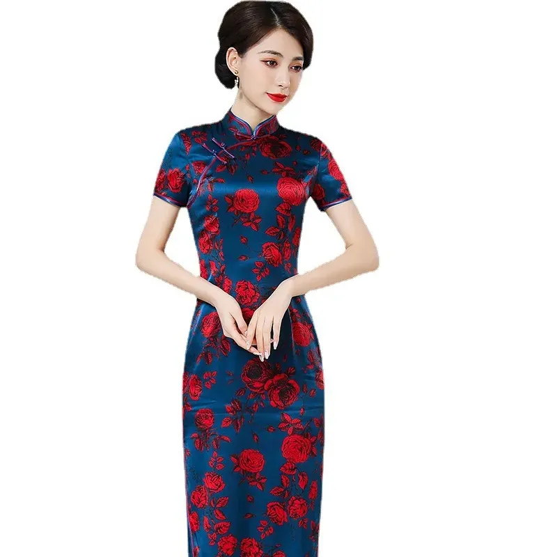 Ropa tradicional china Slim-Fit Impreso Cheongsam Qipao Ropa de boda de manga corta para mujeres