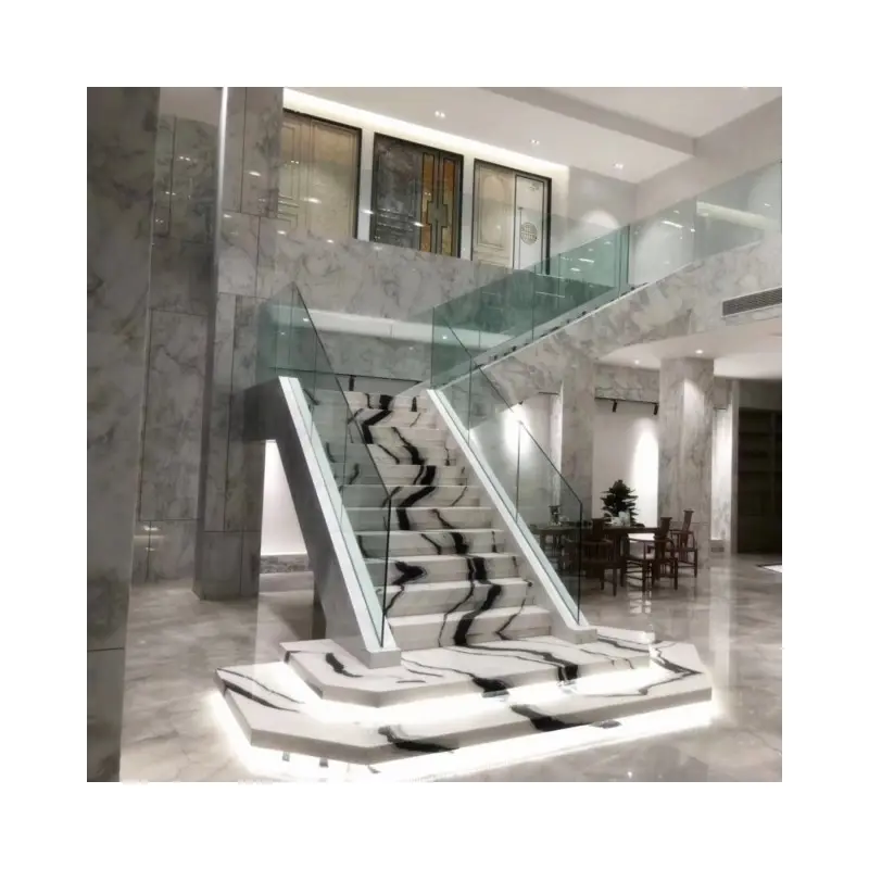 SHIHUI 광택 단계 계단 돌 팬더 흰색 대리석 계단 벽 바닥 흰색 또는 회색 정맥과 조리대 슬래브 타일