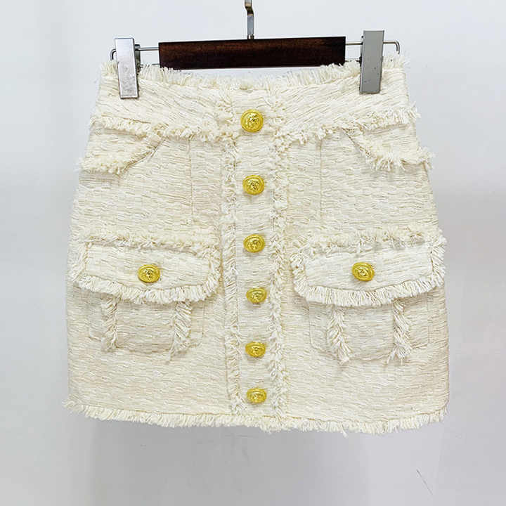 Fall 2023 Women Clothes Beige Thick Tweed Tassel Short Tank Top Half Skirt Set Women Two-Piece Sleeveless Tank Top Femmes