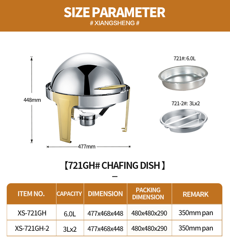 Luxury gold stainless steel metal 6L food warmer buffet Designed cheap roll shape oval chafing dish set