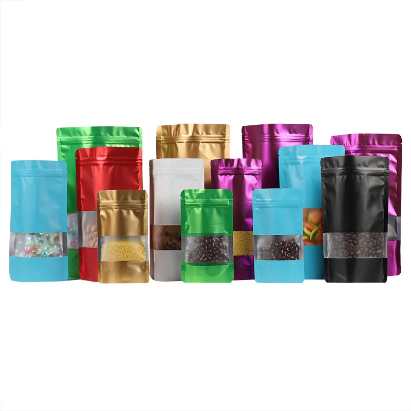 कस्टम लोगो जिपलॉक खाद्य थोक फैक्टरी प्लास्टिक पैकेजिंग बैग स्पष्ट खिड़कियों के साथ मुद्रित स्टैंड अप पाउच