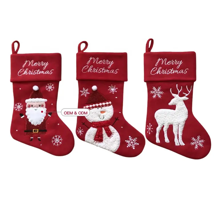 Di alta qualità Custom natale natale decorazione albero grazioso Claus pupazzo di neve sacchetti regalo buon natale calza Set per il ricamo