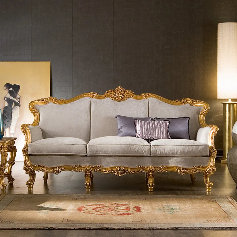 الملكي أثاث كلاسيكي الذهب اللون النسيج غرفة المعيشة الخشبية طقم أريكة