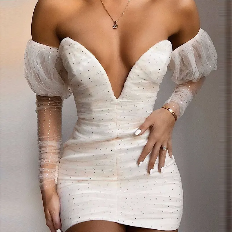 Oem vestido de festa para mulheres, decote em v, malha de cristal, manga bufante, vestido de festa noturna, mini vestido bodycon sexy para mulheres