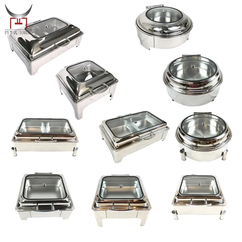 Chauffe-plats ronds en acier inoxydable chauffe-plats carré Buffet chauffe-plat en argent avec plateau d'eau alimentaire couvercle à roulettes pour banquet