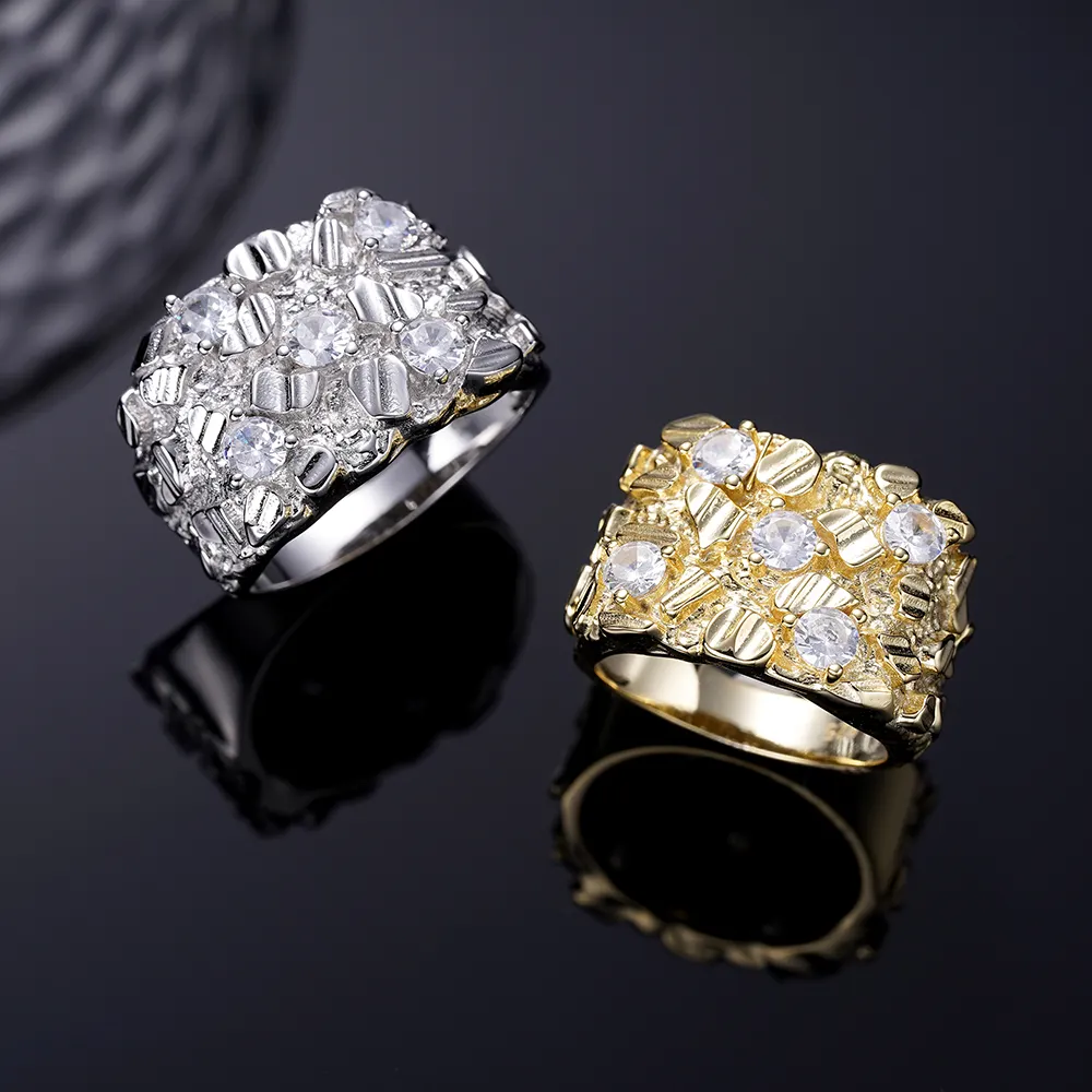 Joyería de fábrica, venta al por mayor, pepita de diamante barato para hombre, anillos de latón de oro de 10K, chapado en oro de 14K para hombre