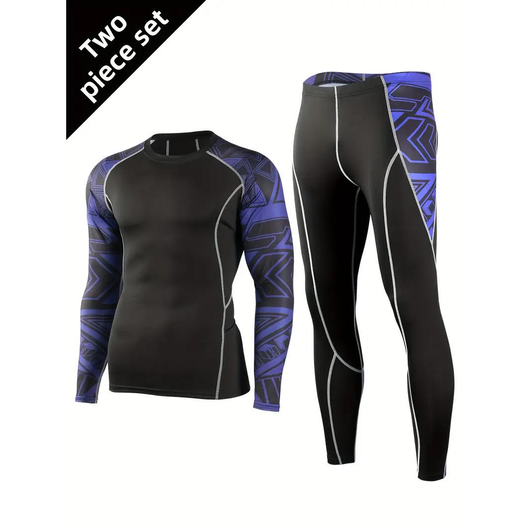 ชุดสูทพิมพ์ลายสีดำและน้ำเงิน (เสื้อแขนยาวและกางเกงขายาว)