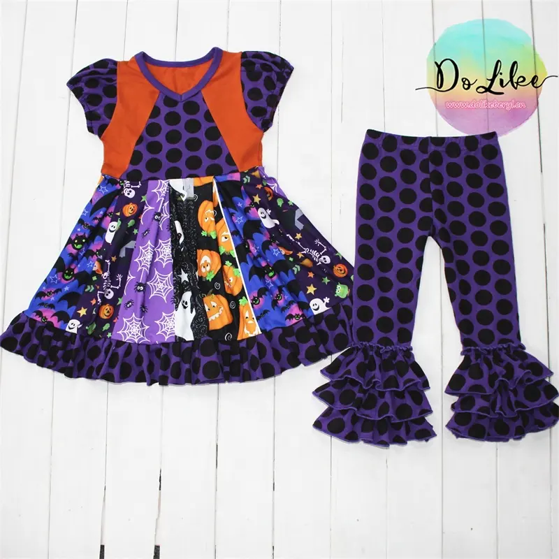 Set di vestiti per bambini con volant a manica corta Halloween festival vestiti per bambini all'ingrosso pantaloni per ragazze set di abbigliamento patchwork