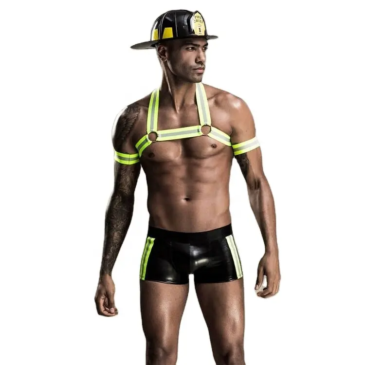 Fabrik Lieferant Cosplay Dessous Herren Leder Unterwäsche Sexy Feuerwehr mann Kostüm für Halloween Kostüm Erwachsene Männer Sexy Unterwäsche