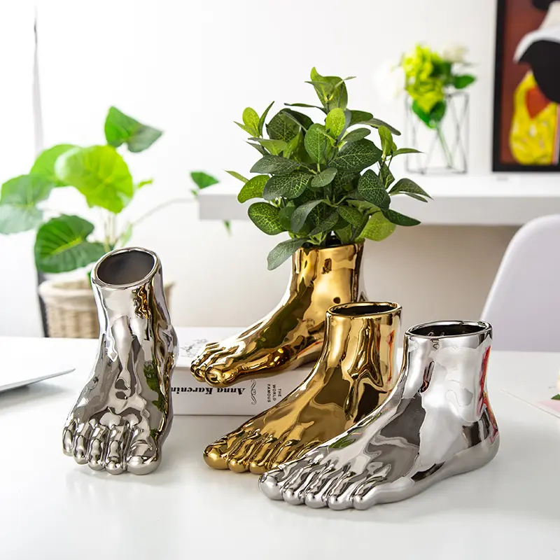 Nordic creativo piedi forma vaso in ceramica moda lusso casa arte vaso placcatura oro argento ceramica