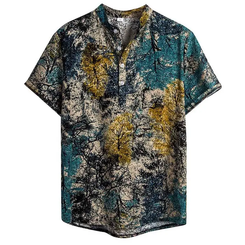 नई आगमन Mens लघु आस्तीन आकस्मिक कपास लिनन मुद्रण हवाई शर्ट ब्लाउज पुरुषों शर्ट ढीला प्लस आकार में सबसे ऊपर