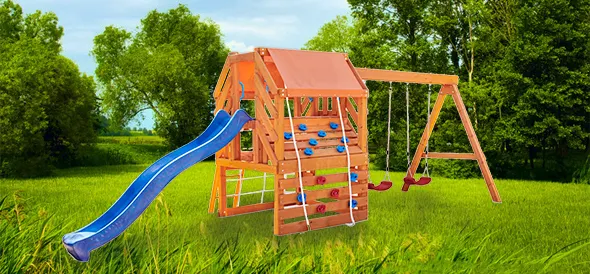 बच्चों के आउटडोर लकड़ी के खेल का मैदान सेट क्लाइंबिंग फ़्रेम स्लाइड स्विंग उपकरण