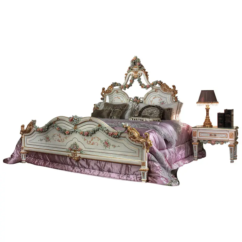 Cama de madera maciza tallada a mano, muebles de lujo de estilo francés, juegos de dormitorio, cama doble, diseño barroco Rococo