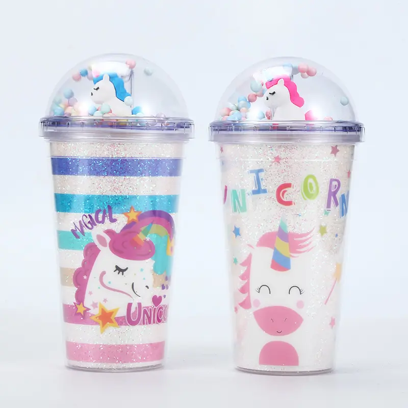 Seaygift kişiselleştirilmiş sıcak satış sevgililer günü noel hediyesi unicorn plastik pipetli bardak yalıtımlı çift duvar bardak kupa