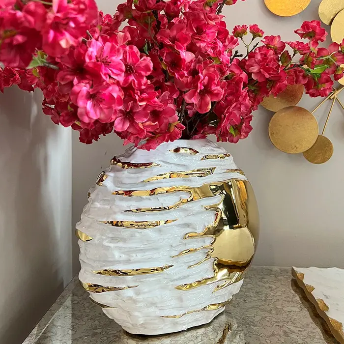 Cesta de flor de cerâmica galvanizada, luxuosa, de ouro, cerâmica, para artesanato, casamento, decorações de entrada
