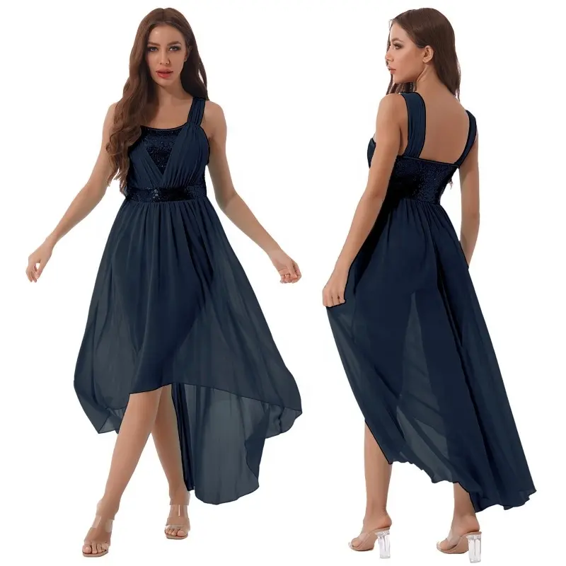 High Quality Asymmetrical Hem Chiffon Dresses Sequined Dance Costume Modern Contemporary Dress