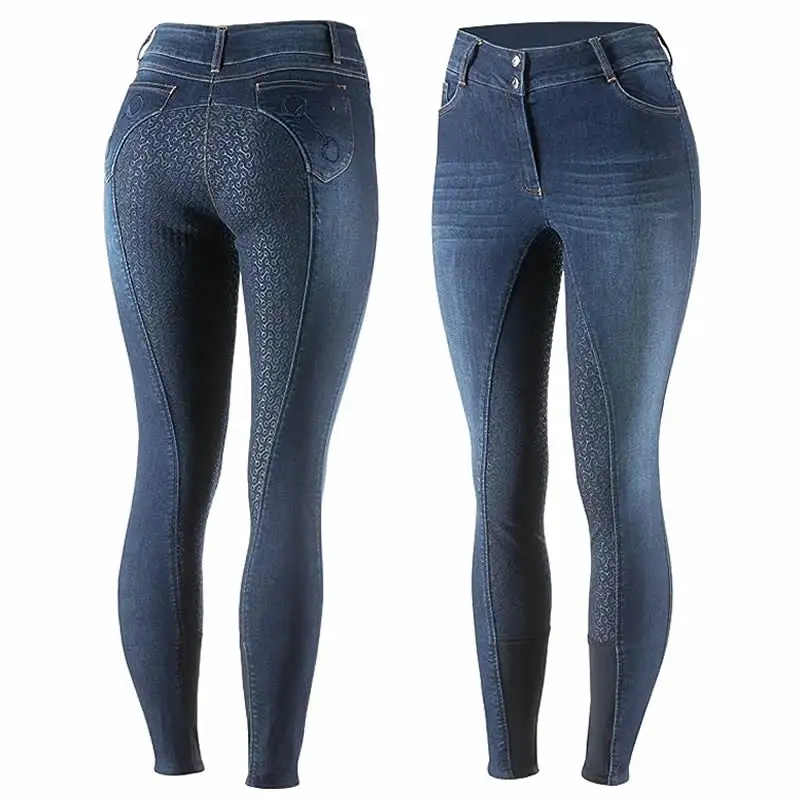 Của phụ nữ màu xanh denim jodhpurs cao-mô hình đầy đủ chỗ ngồi Silicone cưỡi quần đầu gối ống túm đào tạo & cạnh tranh chặt chẽ jeans