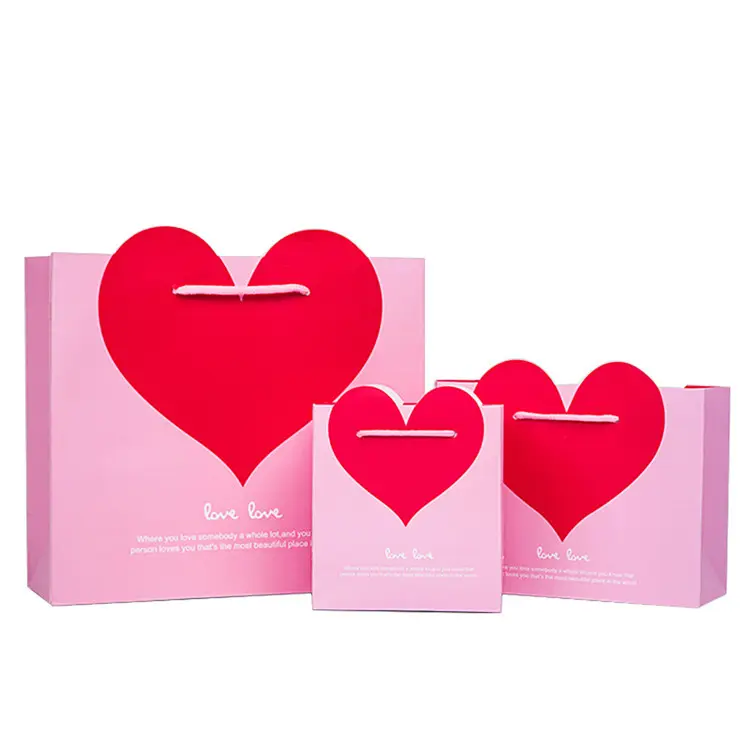 Custom heart shape wedding paper sweet bag with Printed Logo Shopping pink Paper Bag With Handle