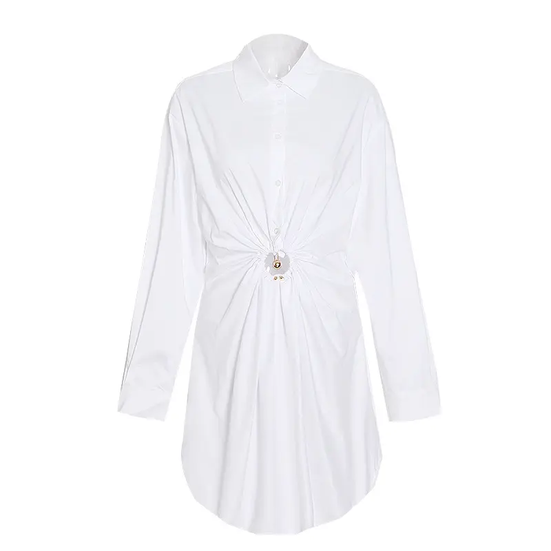 Ofis üniforma moda beyaz gömlek elbise kadınlar hollow yaka gömlek elbise rahat elbise Lady basit tarzı