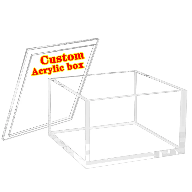 Caja acrílica personalizada vitrina de acrílico transparente caja de 5 lados con tapa/tapa deslizante o base de plexiglás caja acrílica cubo para alimentos rosa