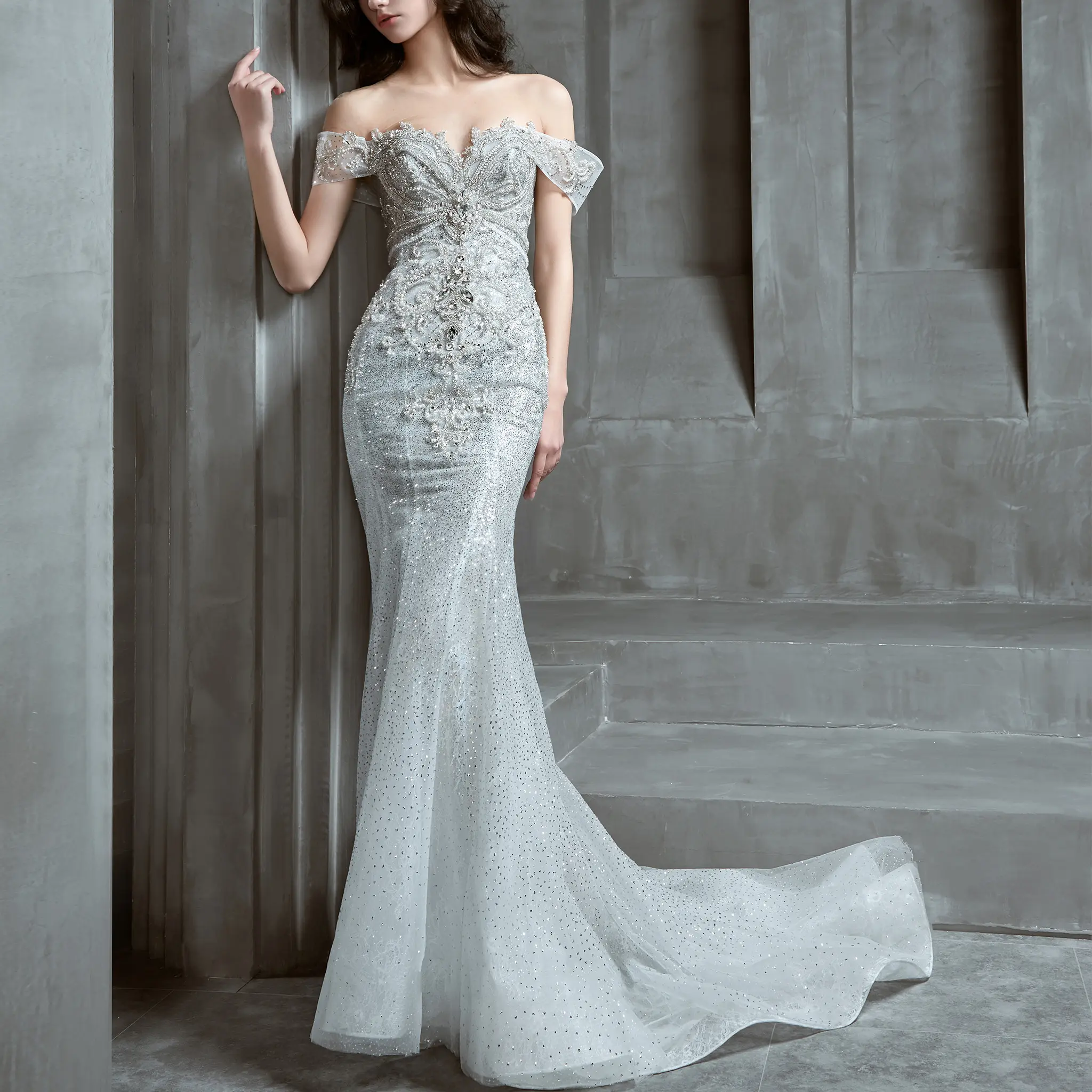 Luxury Beaded Mermaid Wedding Dress With Sparkly Crystals Diamonds Bridal Gowns Off the Shoulder Sleeves