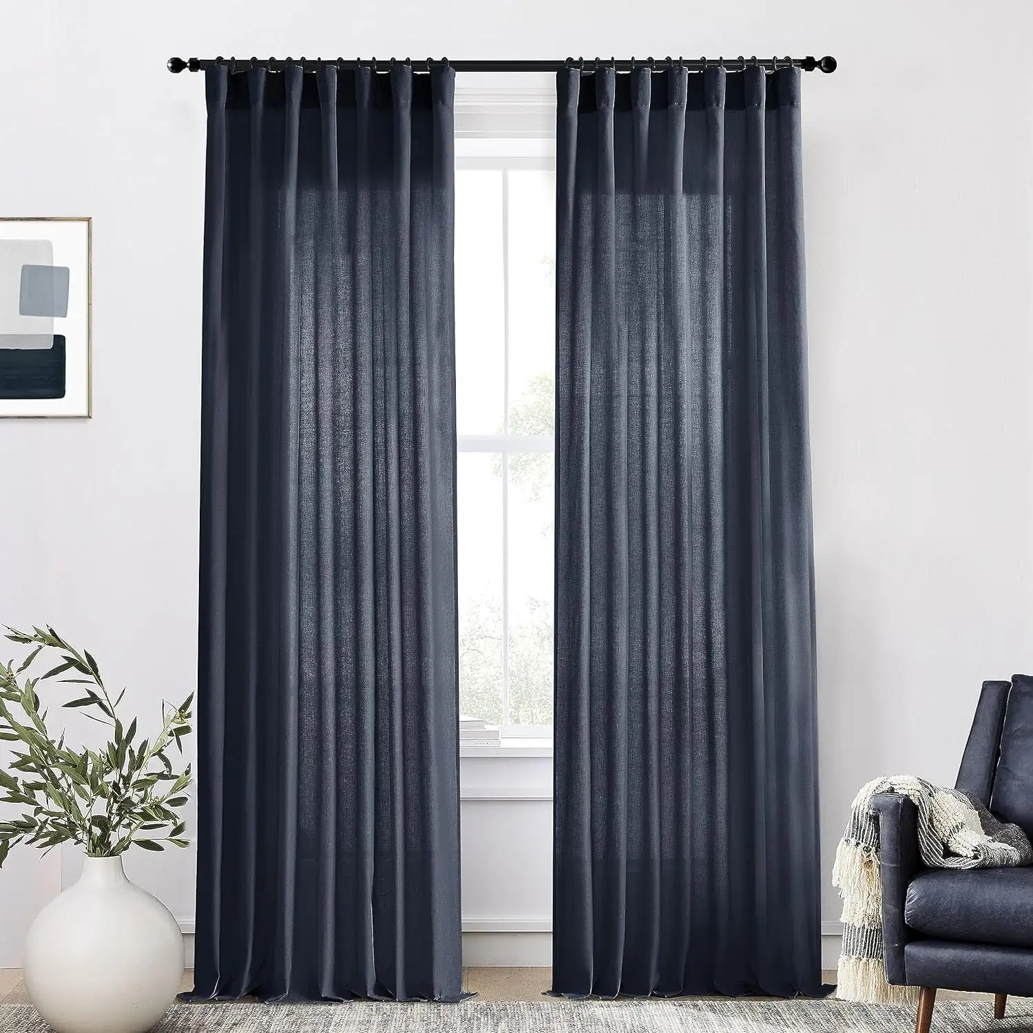 Rideaux de lin multifonctionnels-Back Tab track clip rings rod povket Flax Weave Sheer Extra Long Curtain for Living Room Bedroom
