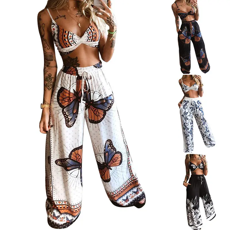 Mulheres Verão Impresso Roupa Interior Conjuntos de Treino Estilo Praia sexy tubo superior soltas calças perna larga calça two-piece set Conjuntos de Roupas Femininas