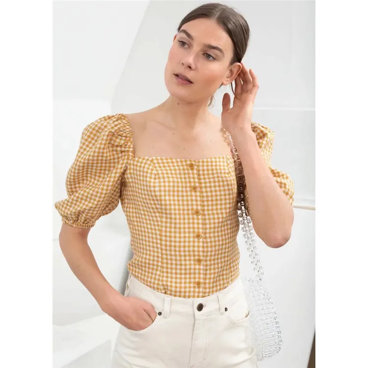 Blusa de manga corta con cuello en u para mujer, blusa Sexy de corte bajo con hilo teñido a cuadros