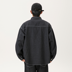 复古水洗钻石牛仔夹克，配有钩编编织正面标志OEM服务 - Product Image 2