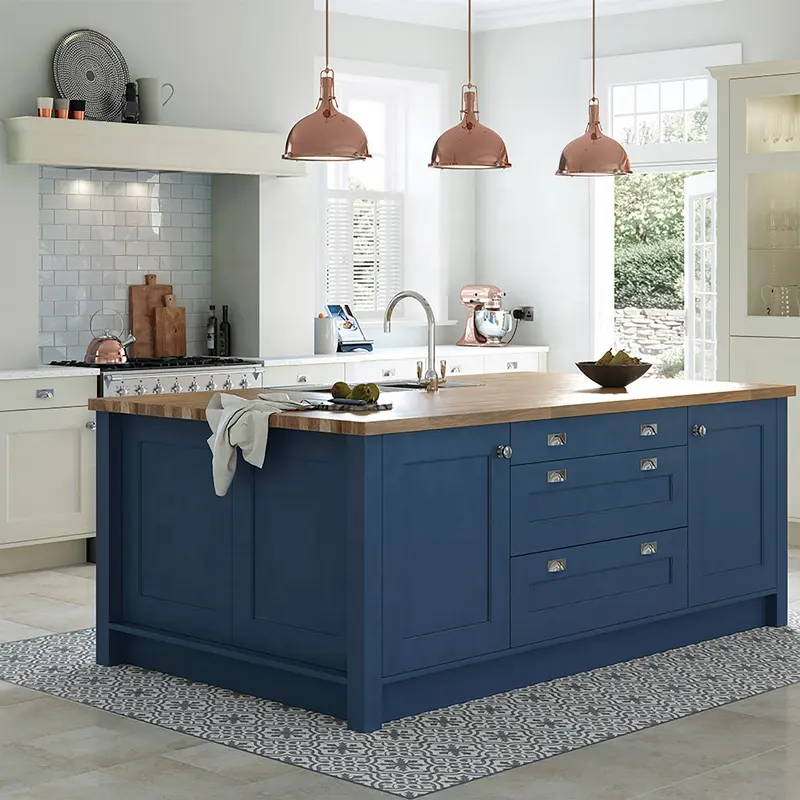 2021 New Trend Blue Shaker Style Küchen schränke Kostenlose Designs Massivholz Küchen schränke Möbel