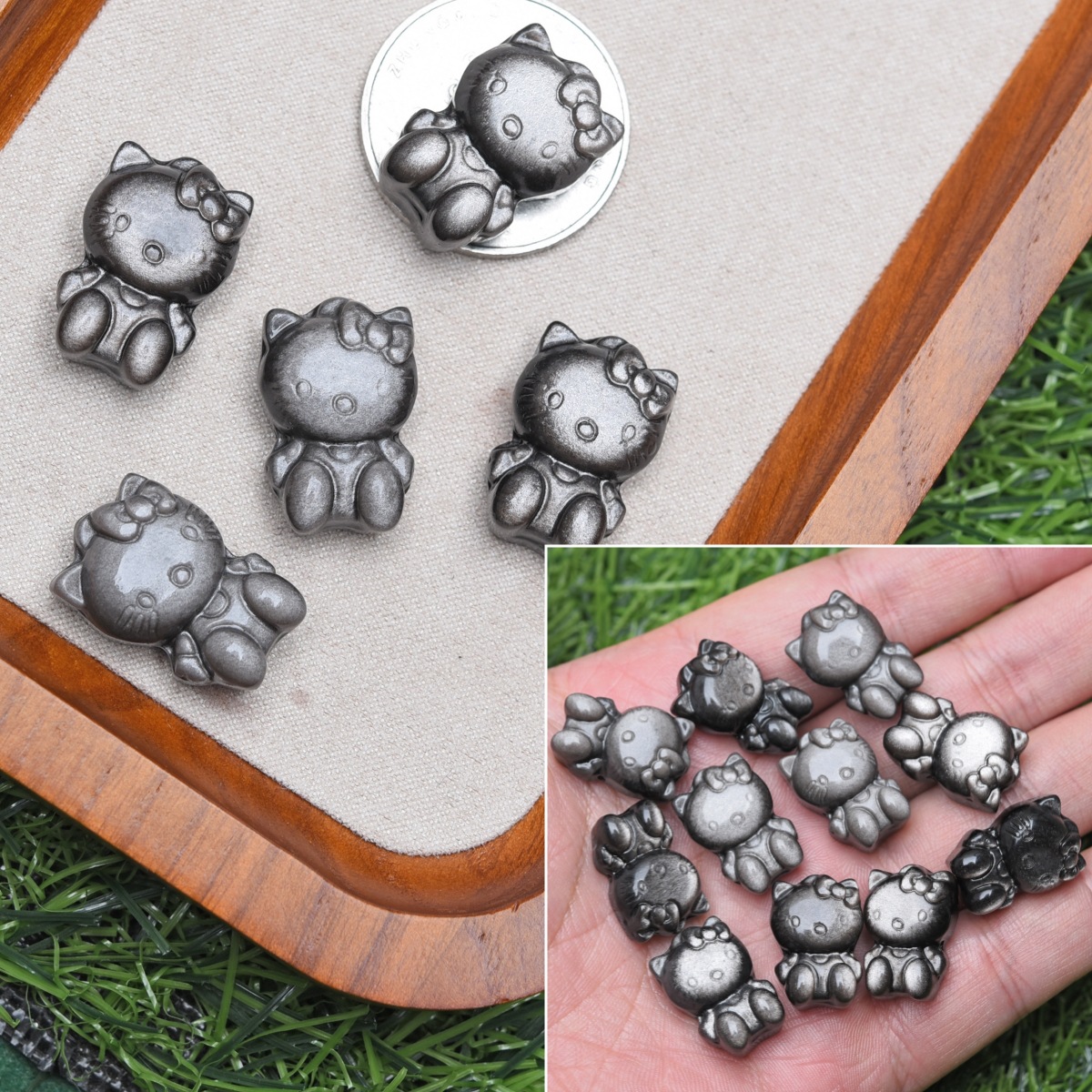 8 chatons en obsidienne argentée