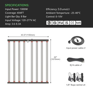 HongYi 1000W 8 바 접이식 LED 성장 빛 스트립 PPE 3.0umol/J 전체 스펙트럼 성장 조명 CE DLC ETL 인증 - Product Image 2