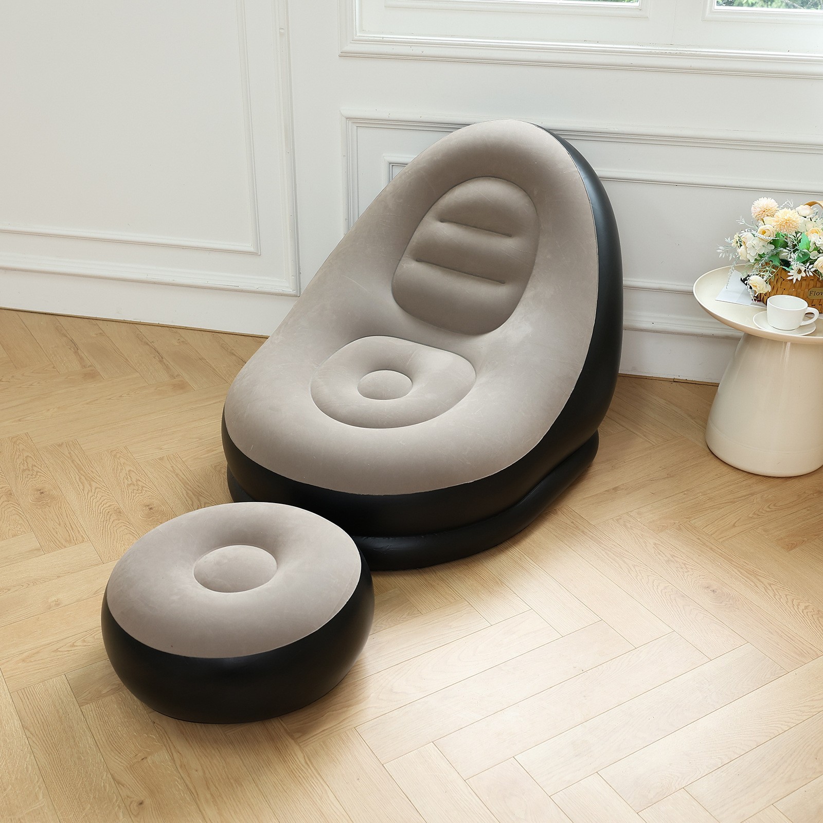Black & Beige(sofa + footstool + foot pump)