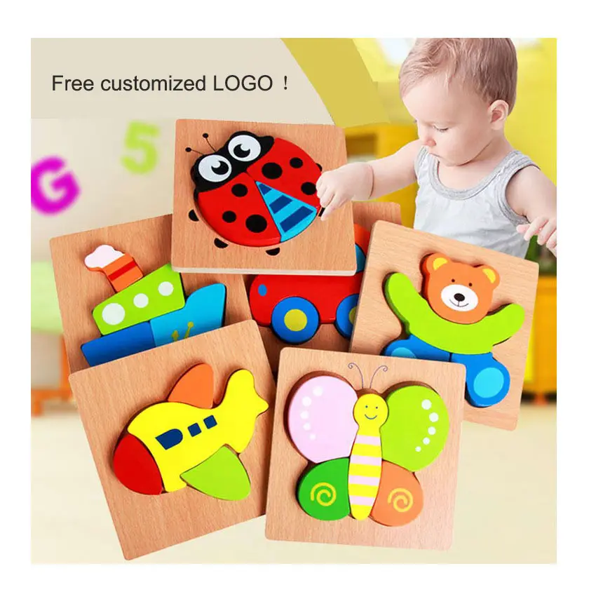 Gratis Custom Kids Houten 3D Puzzel Speelgoed Voor Kinderen Cartoon Dier Voertuig Houten Peuter Puzzels