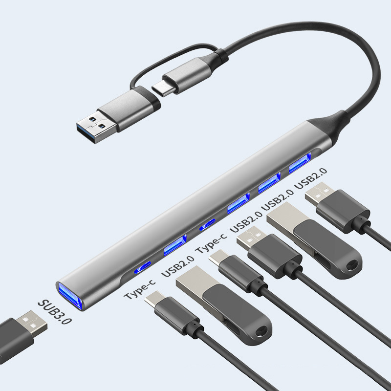 Gray Double-head 7-port hub with 2 c-ports